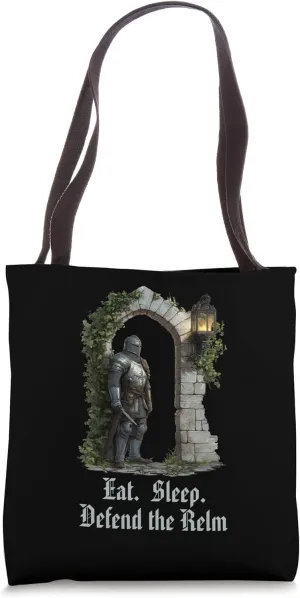Funny Castlecore Knight Eat Sleep Defend the Realm Phrase Tote Bag