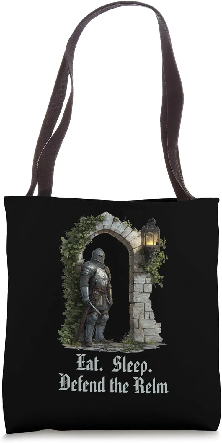 Funny Castlecore Knight Eat Sleep Defend the Realm Phrase Tote Bag