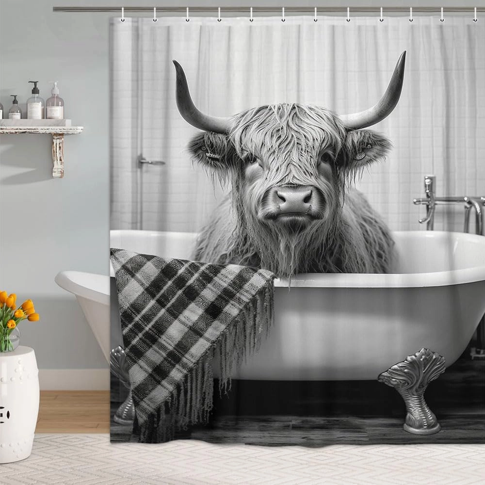 Funny Highland Cattle Cow Bull Shower Curtain, Black and White Cattle Bathing in The Bathtub Shower Curtains Set, Humor Western West Farmhouse Shower Curtains with Hooks 72x72inch
