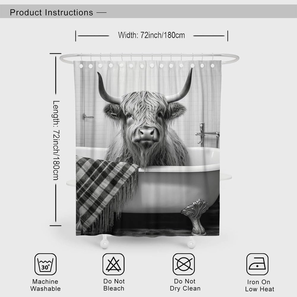 Funny Highland Cattle Cow Bull Shower Curtain, Black and White Cattle Bathing in The Bathtub Shower Curtains Set, Humor Western West Farmhouse Shower Curtains with Hooks 72x72inch