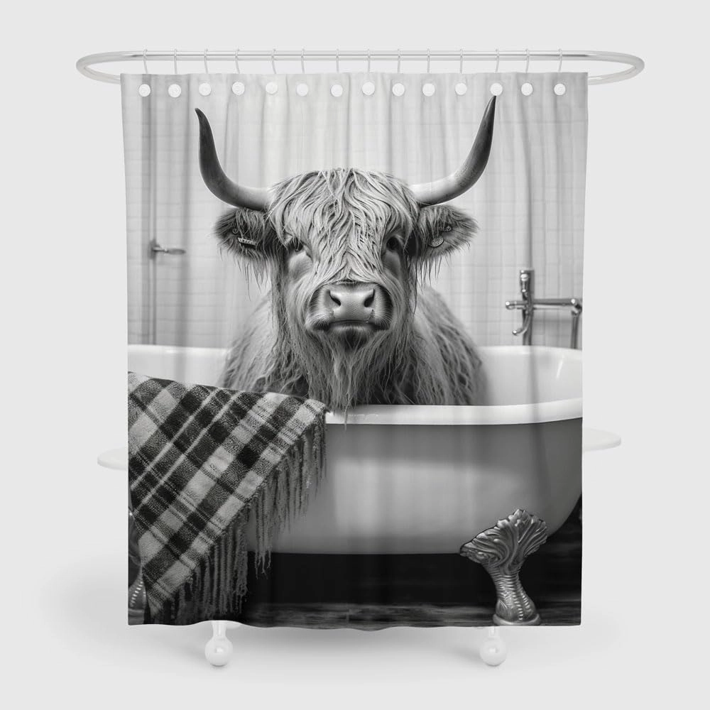 Funny Highland Cattle Cow Bull Shower Curtain, Black and White Cattle Bathing in The Bathtub Shower Curtains Set, Humor Western West Farmhouse Shower Curtains with Hooks 72x72inch