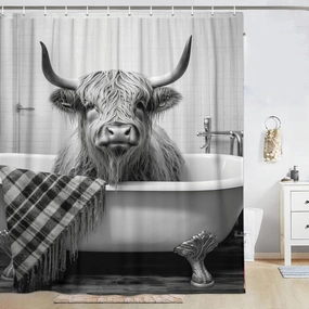 Funny Highland Cattle Cow Bull Shower Curtain, Black and White Cattle Bathing in The Bathtub Shower Curtains Set, Humor Western West Farmhouse Shower Curtains with Hooks 72x72inch