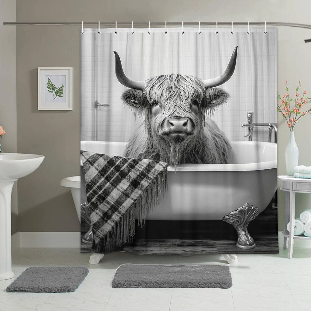 Funny Highland Cattle Cow Bull Shower Curtain, Black and White Cattle Bathing in The Bathtub Shower Curtains Set, Humor Western West Farmhouse Shower Curtains with Hooks 72x72inch