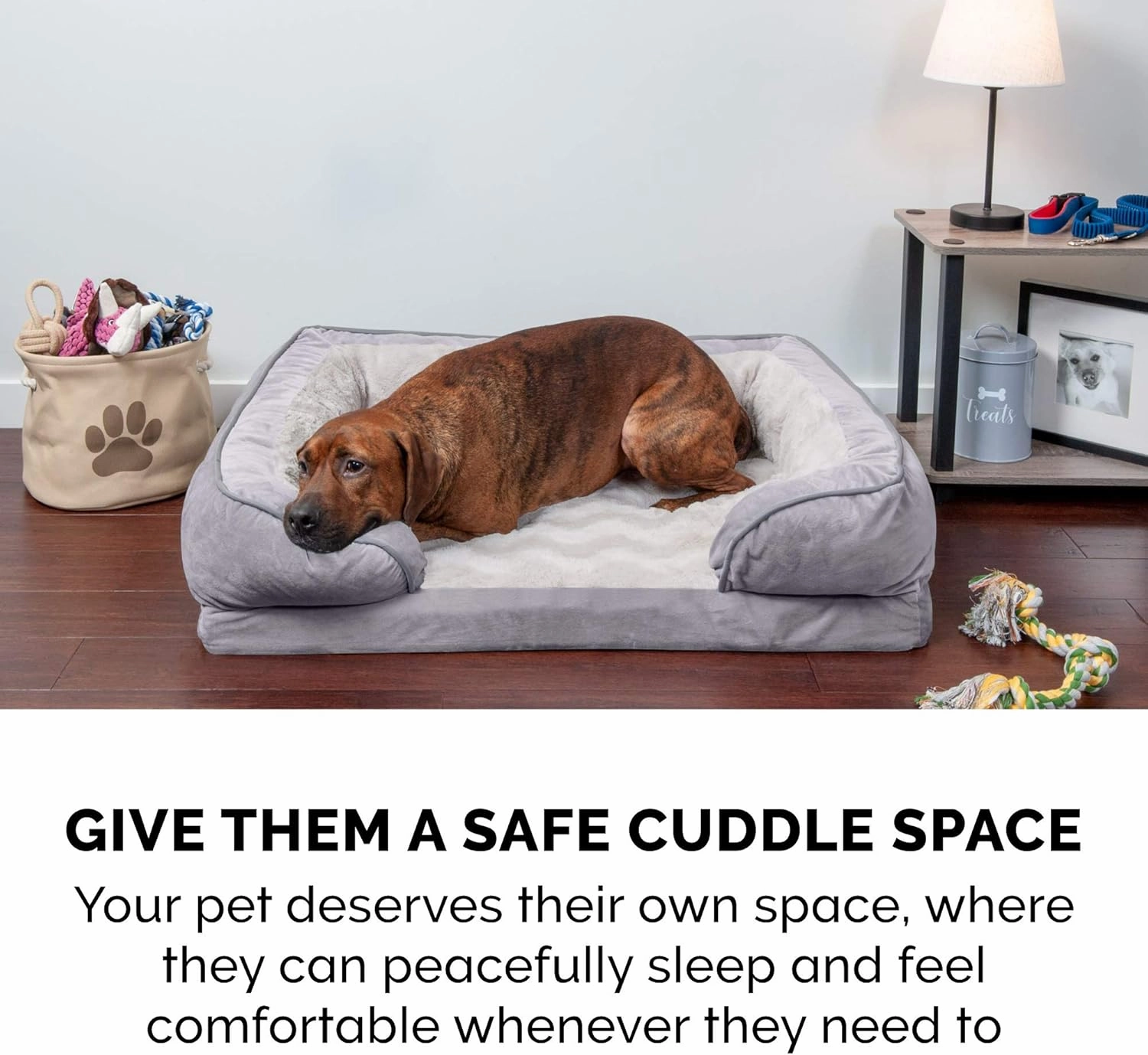 Furhaven Cooling Gel Dog Bed for Large Dogs w/ Removable Bolsters & Washable Cover, For Dogs Up to 95 lbs - Plush & Velvet Waves Perfect Comfort Sofa - Granite Gray, Jumbo/XL, 40.0"L x 32.0"W x 9.5"Th