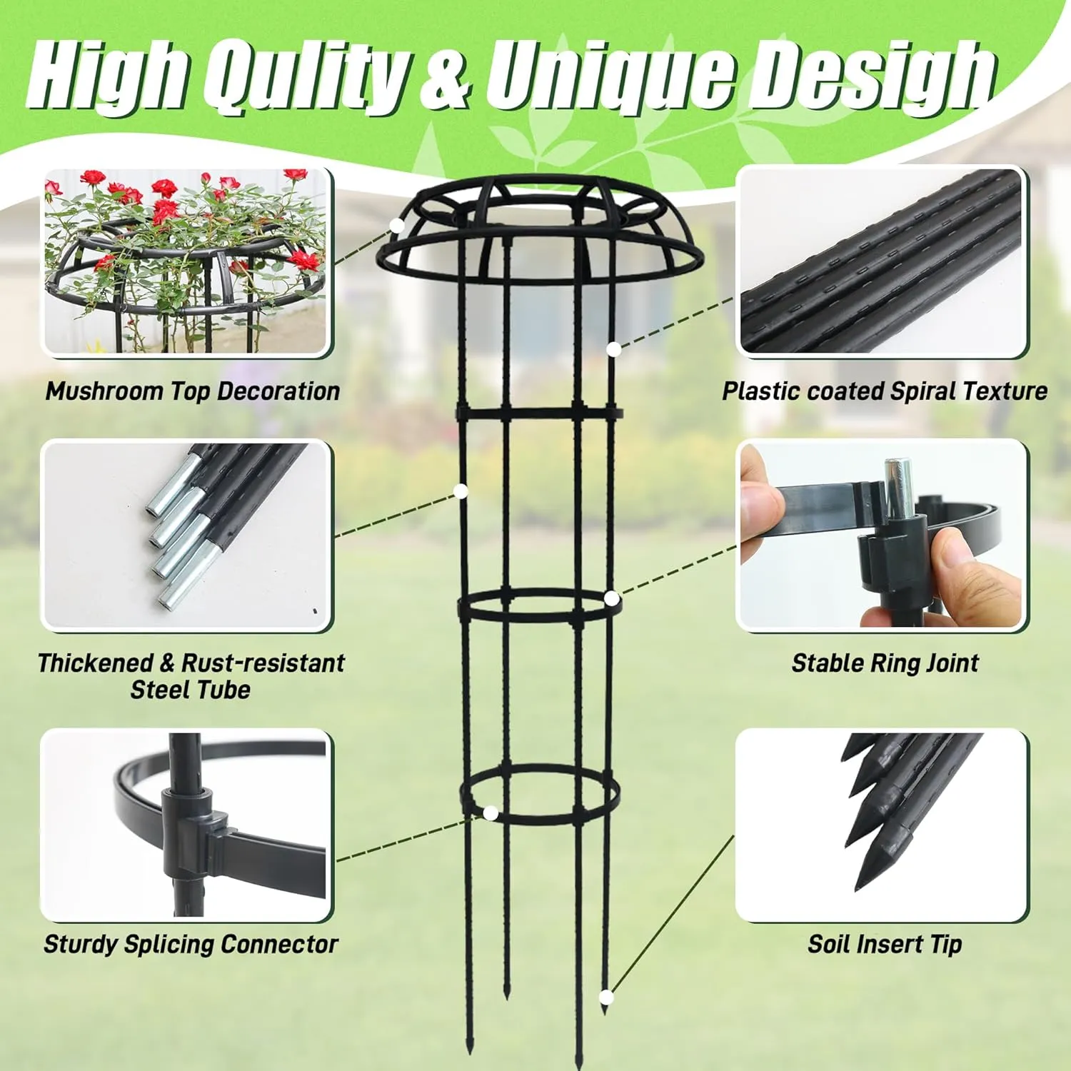 Garden Trellis for Climbing Plants Outdoor, 65 Inch Mushroom Top Trellis for Climbing Plants, Plant Trellis Support for Potted Plants Climbing Vine Rose Clematis Vegetable Trellis, 1 Pack