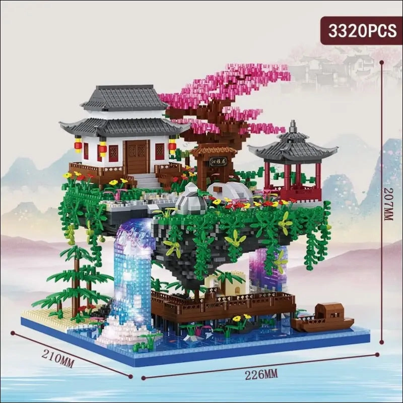 Garden diamond building blocks architecture peach house waterfall light diy bricks toy for kid over