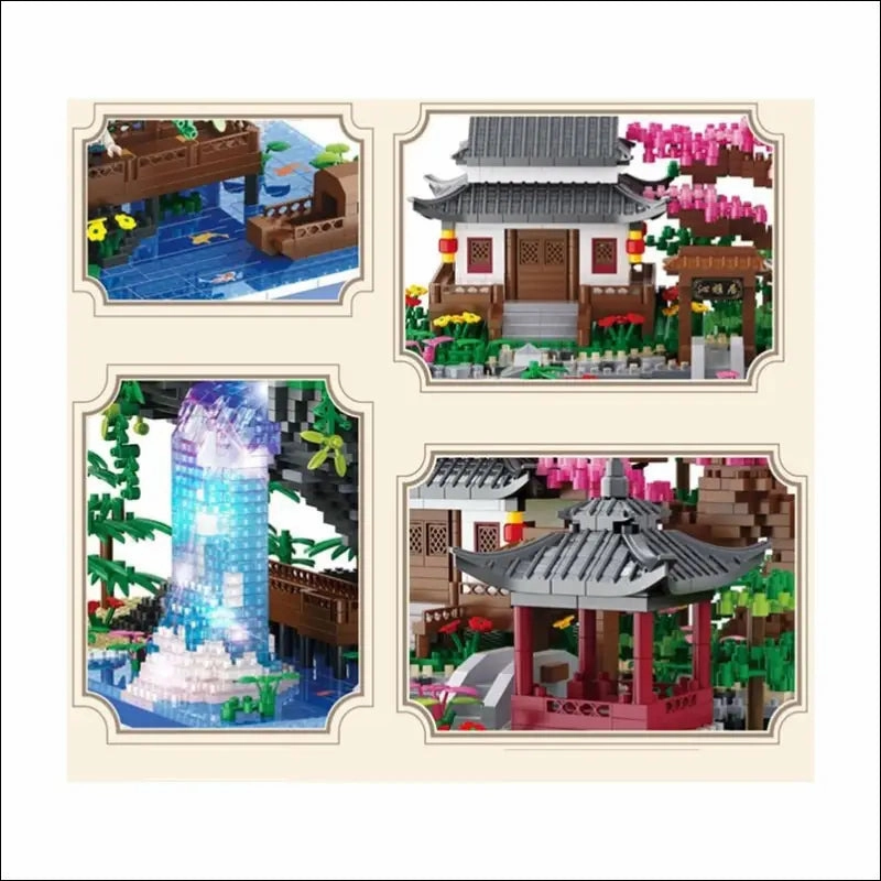 Garden diamond building blocks architecture peach house waterfall light diy bricks toy for kid over