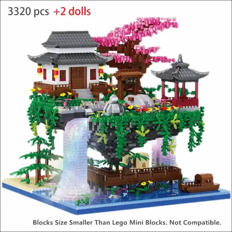 Garden diamond building blocks architecture peach house waterfall light diy bricks toy for kid over