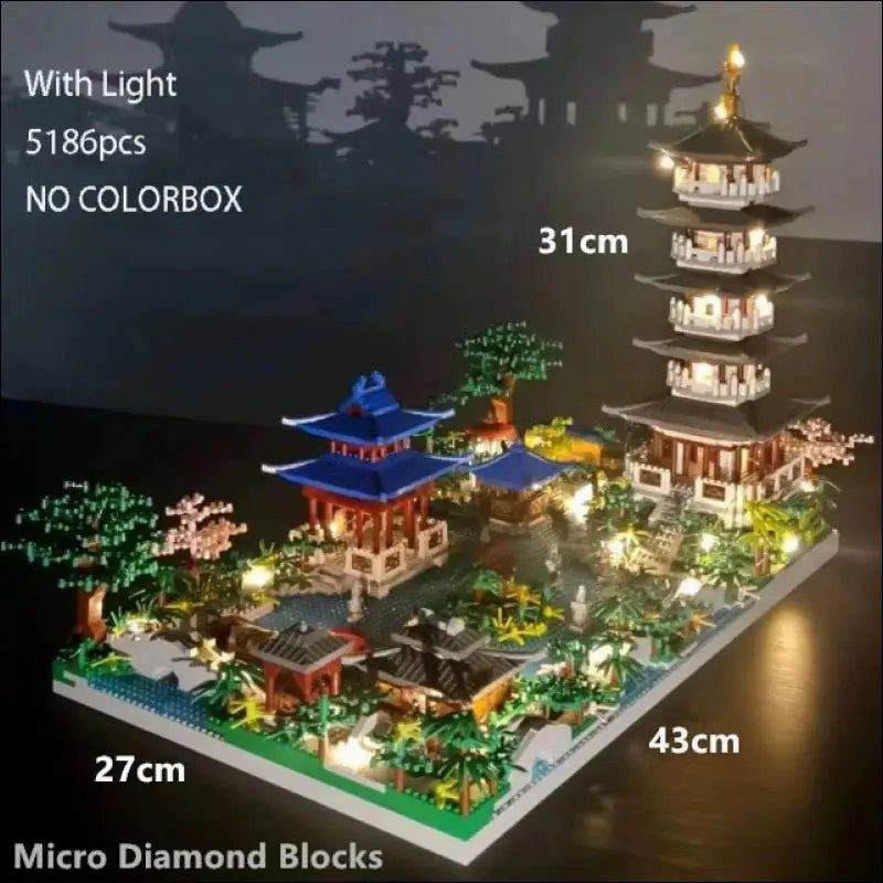 Garden diamond building blocks architecture peach house waterfall light diy bricks toy for kid over