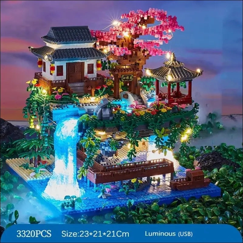 Garden diamond building blocks architecture peach house waterfall light diy bricks toy for kid over
