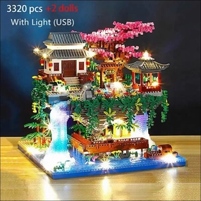 Garden diamond building blocks architecture peach house waterfall light diy bricks toy for kid over