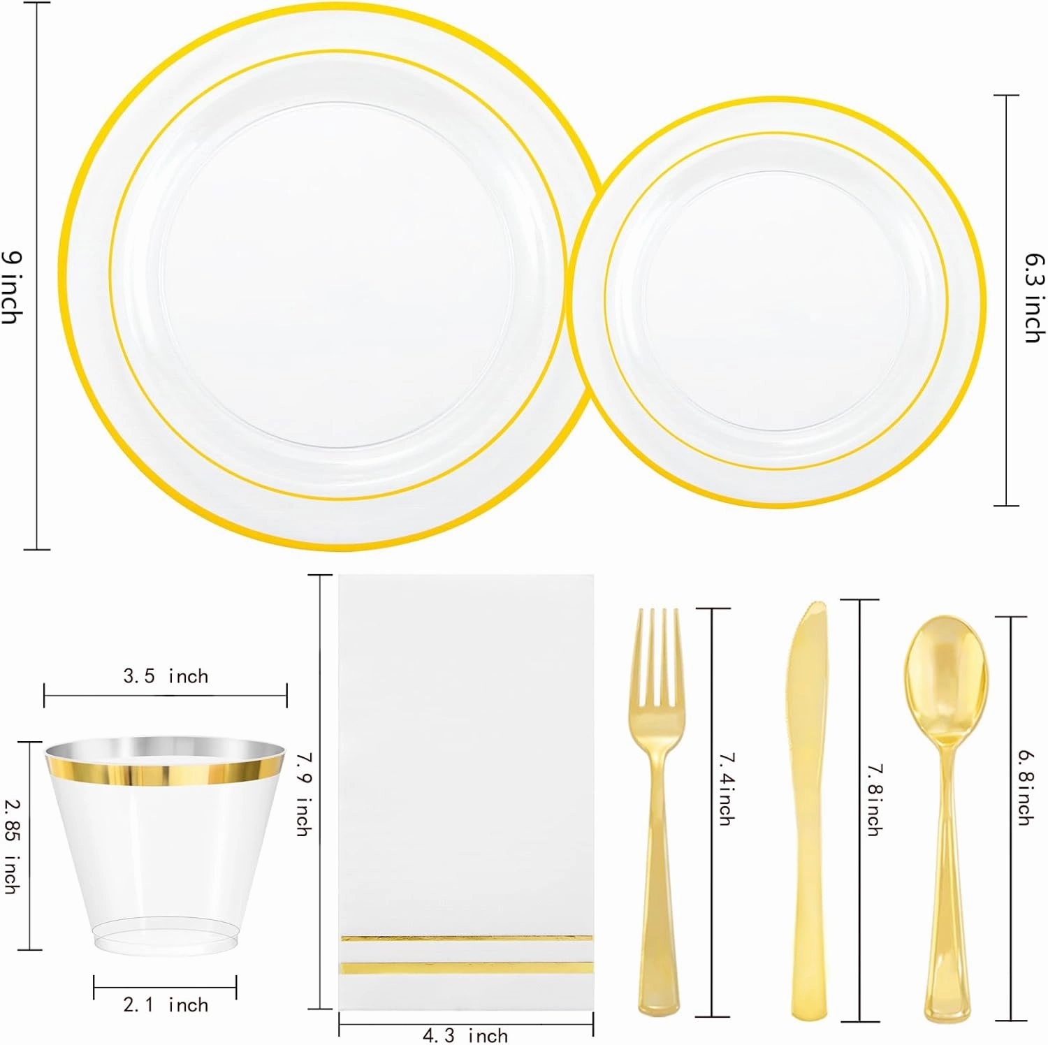 GATHER 350PCS Clear Gold Plastic Plates - Disposable Gold Dinnerware Sets Includes 100 Gold Rim Plastic Plates, 150 Silverware, 50 Napkins, 50 Cups for Party, Wedding & Birthday