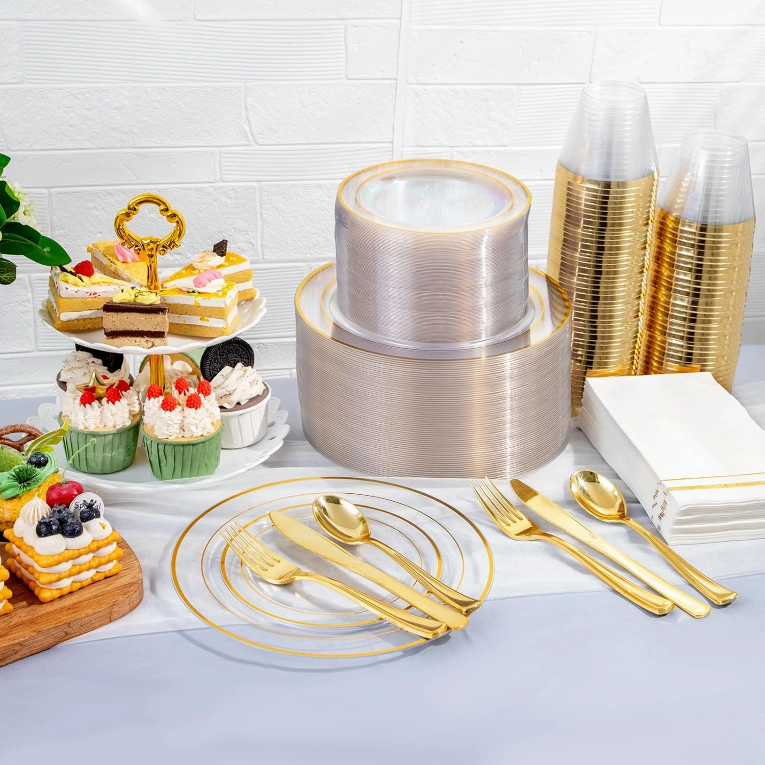 GATHER 350PCS Clear Gold Plastic Plates - Disposable Gold Dinnerware Sets Includes 100 Gold Rim Plastic Plates, 150 Silverware, 50 Napkins, 50 Cups for Party, Wedding & Birthday