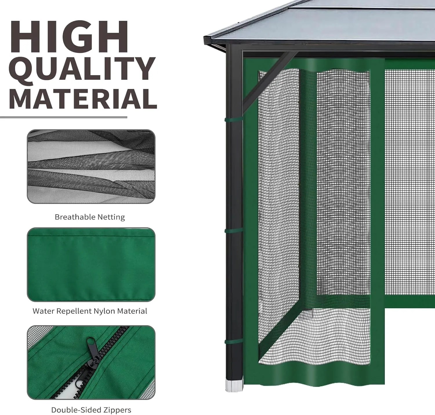 Gazebo Universal Replacement Mosquito Netting, 10'x10' Gazebo Netting Outdoor, 4-Panel Screen Walls for Outdoor Patio with Zipper (Mosquito Net Only) (Green)
