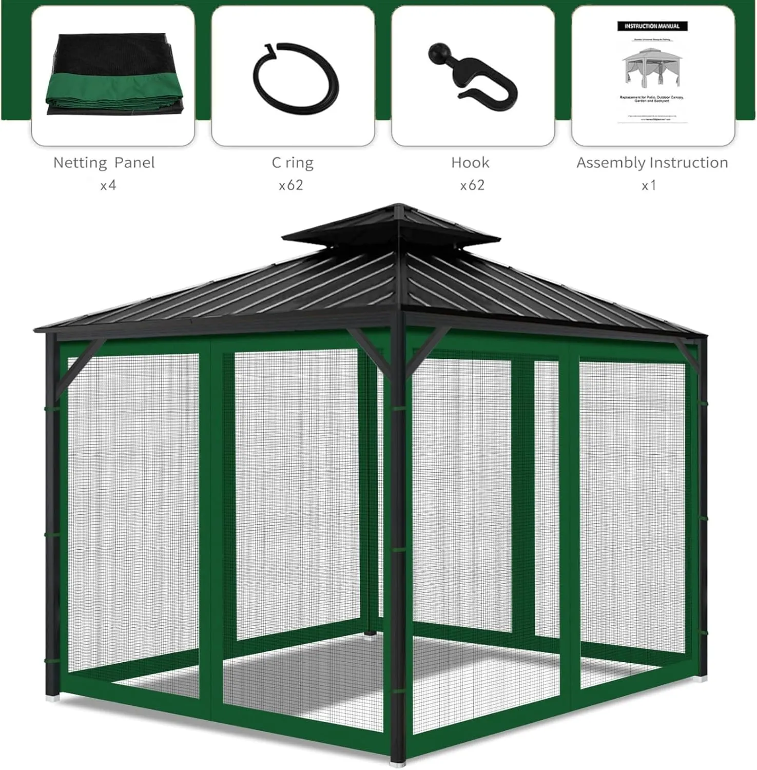 Gazebo Universal Replacement Mosquito Netting, 10'x10' Gazebo Netting Outdoor, 4-Panel Screen Walls for Outdoor Patio with Zipper (Mosquito Net Only) (Green)