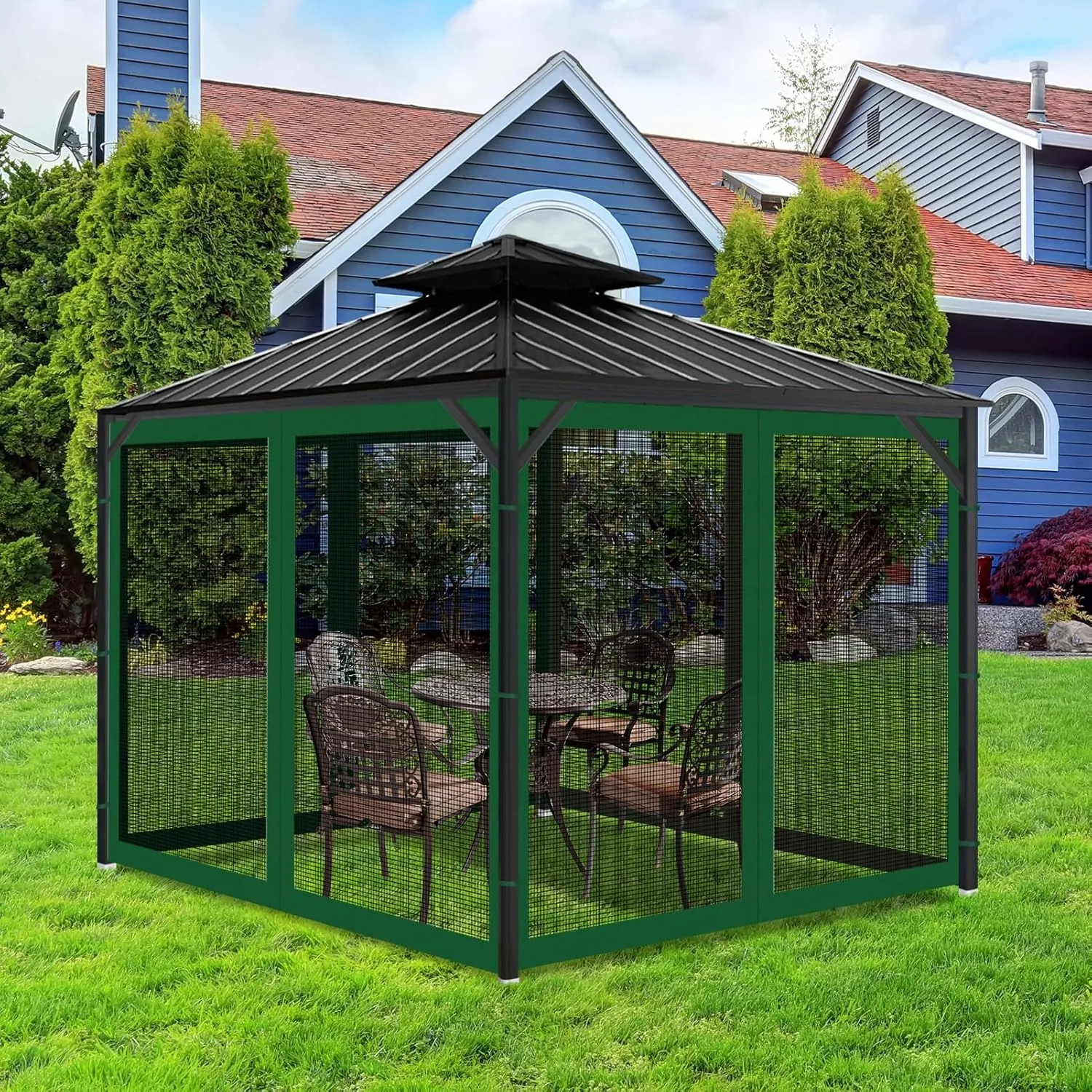 Gazebo Universal Replacement Mosquito Netting, 10'x10' Gazebo Netting Outdoor, 4-Panel Screen Walls for Outdoor Patio with Zipper (Mosquito Net Only) (Green)