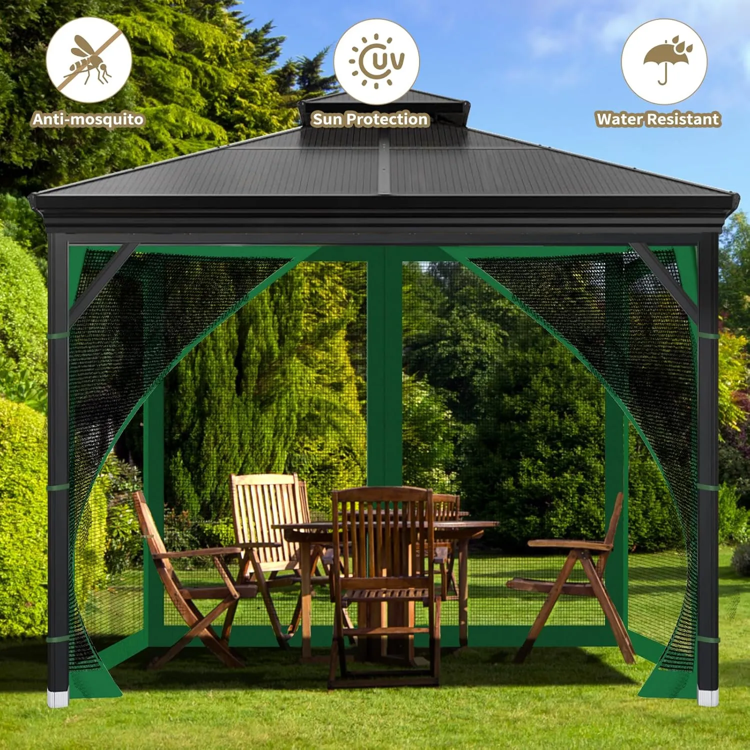 Gazebo Universal Replacement Mosquito Netting, 10'x10' Gazebo Netting Outdoor, 4-Panel Screen Walls for Outdoor Patio with Zipper (Mosquito Net Only) (Green)