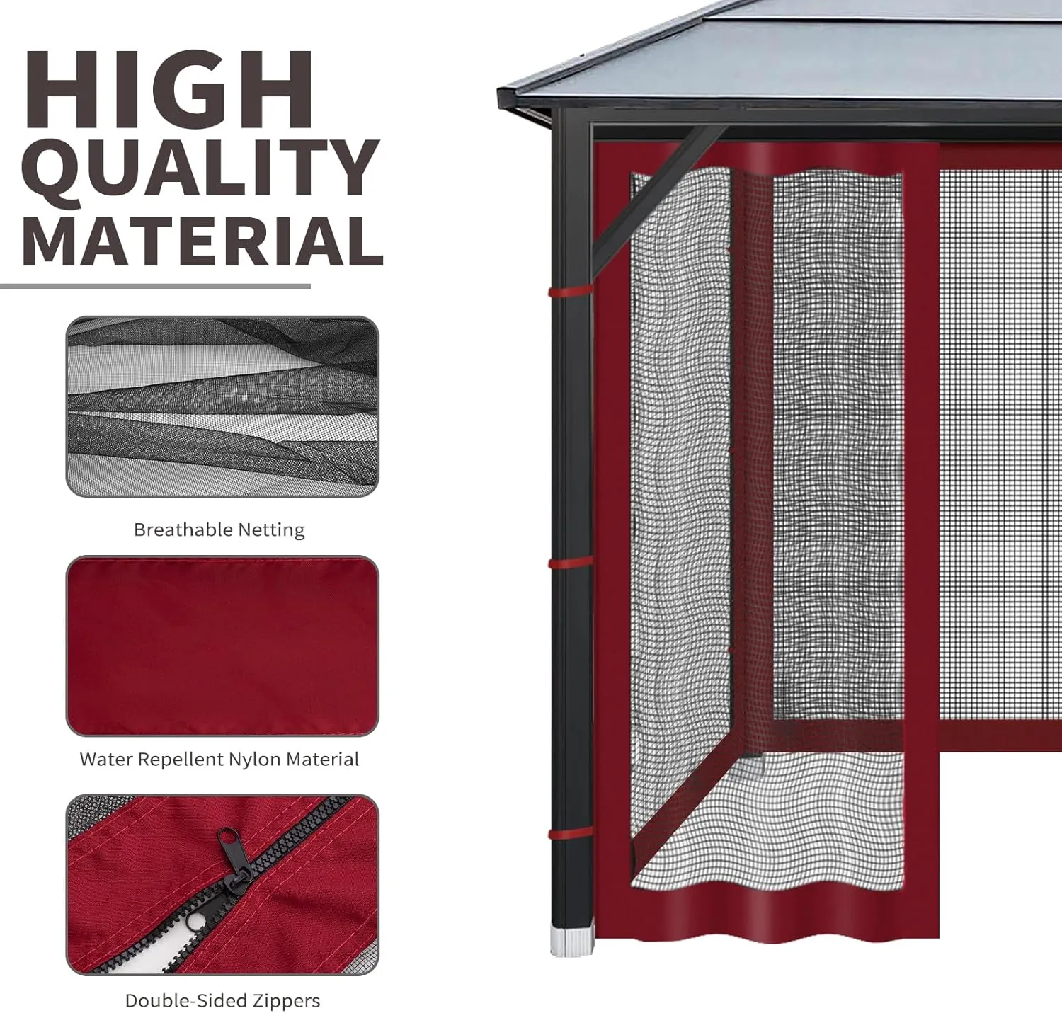 Gazebo Universal Replacement Mosquito Netting, 10'x10' Gazebo Netting Outdoor, 4-Panel Screen Walls for Outdoor Patio with Zipper (Mosquito Net Only) (Red)