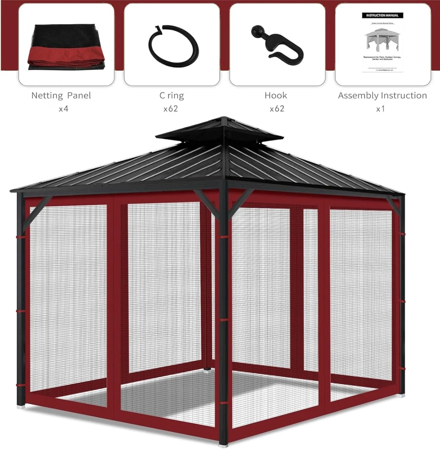 Gazebo Universal Replacement Mosquito Netting, 10'x10' Gazebo Netting Outdoor, 4-Panel Screen Walls for Outdoor Patio with Zipper (Mosquito Net Only) (Red)