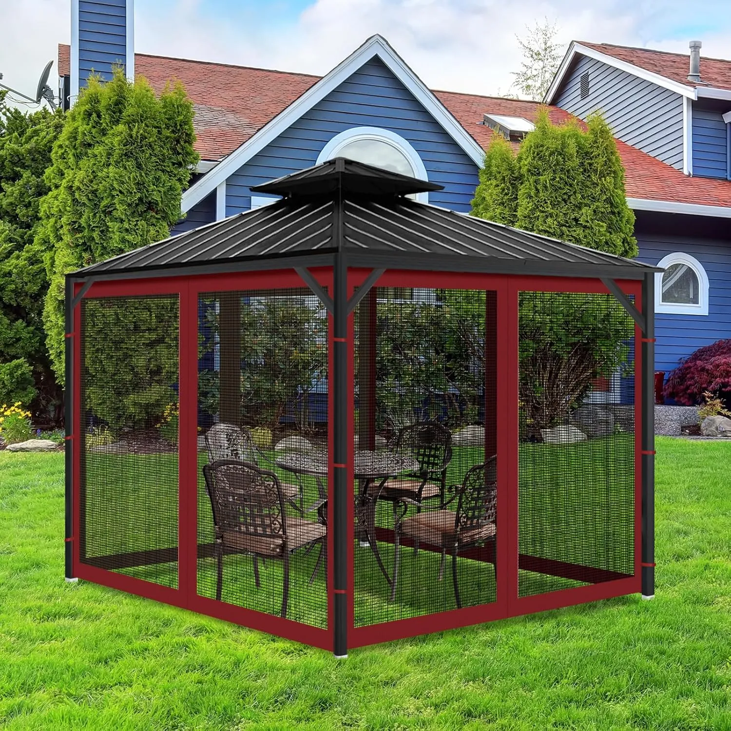 Gazebo Universal Replacement Mosquito Netting, 10'x10' Gazebo Netting Outdoor, 4-Panel Screen Walls for Outdoor Patio with Zipper (Mosquito Net Only) (Red)