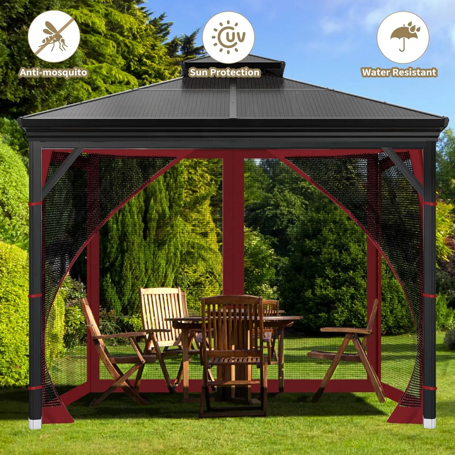 Gazebo Universal Replacement Mosquito Netting, 10'x10' Gazebo Netting Outdoor, 4-Panel Screen Walls for Outdoor Patio with Zipper (Mosquito Net Only) (Red)