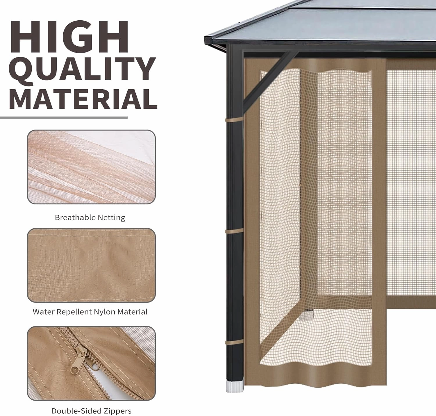 Gazebo Universal Replacement Mosquito Netting, 10'x10' Gazebo Netting Outdoor, 4-Panel Screen Walls for Outdoor Patio with Zipper (Mosquito Net Only) (Brown)