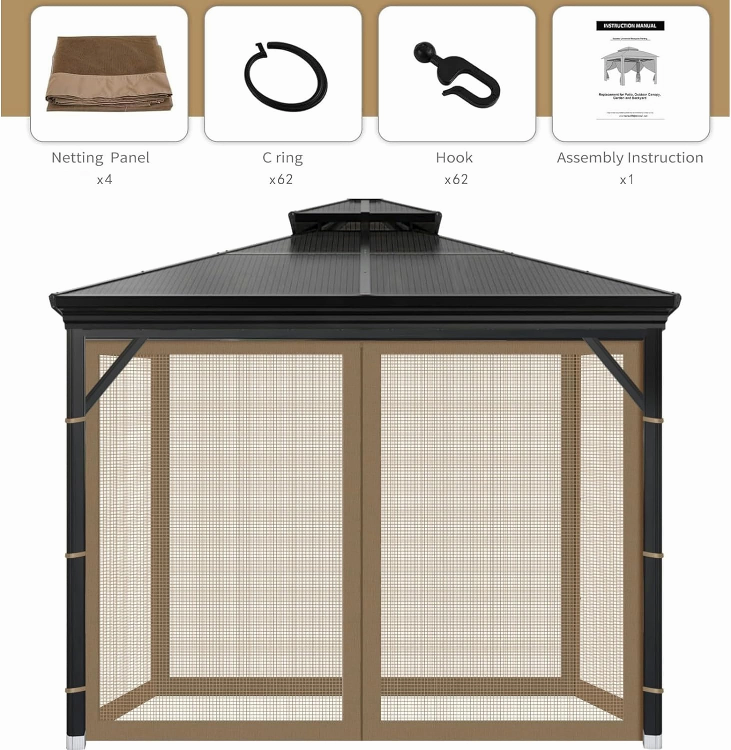 Gazebo Universal Replacement Mosquito Netting, 10'x10' Gazebo Netting Outdoor, 4-Panel Screen Walls for Outdoor Patio with Zipper (Mosquito Net Only) (Brown)