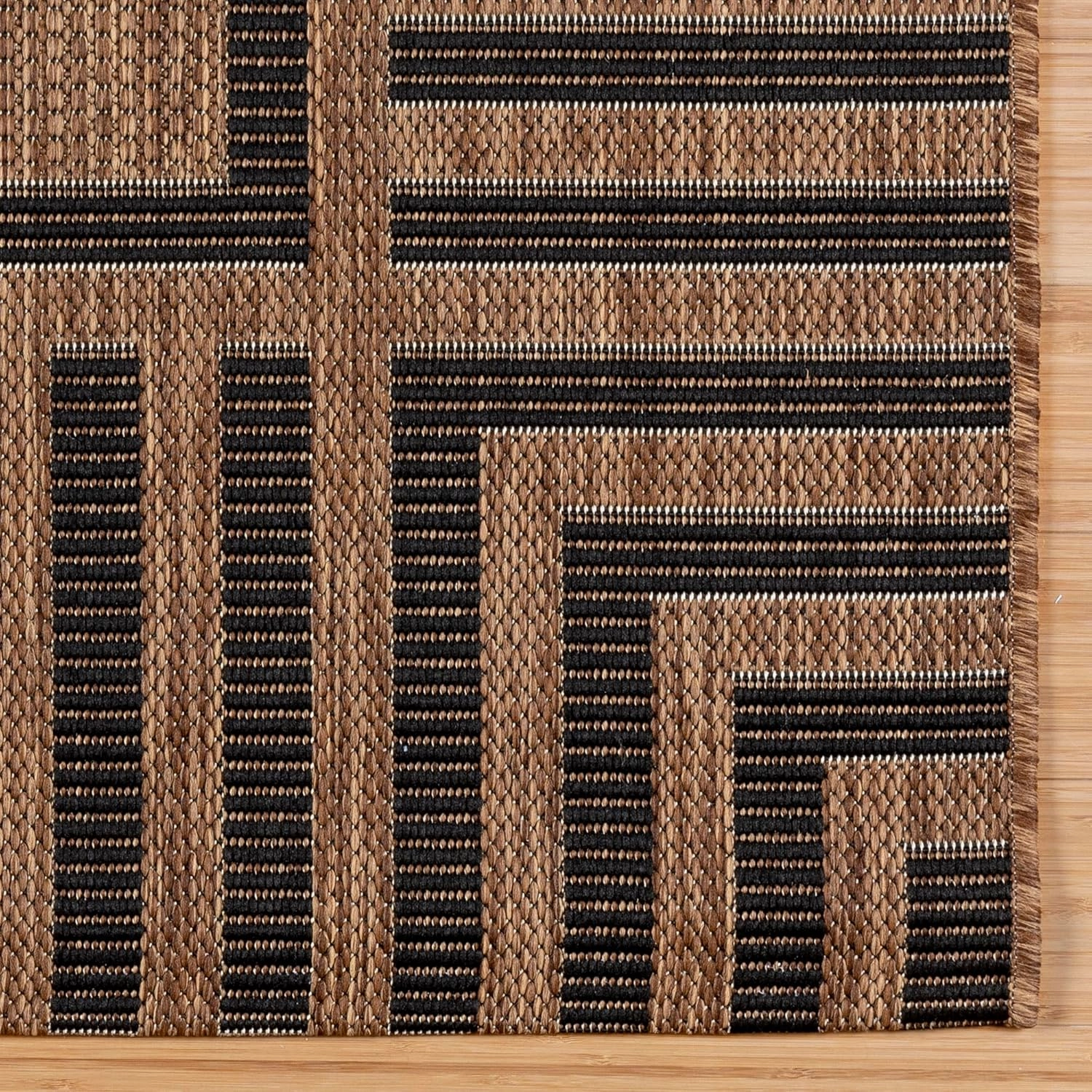 Gertmenian Indoor/Outdoor Flatweave Rug - 2x6 Runner, Stain & UV Resistant, Quick-Drying, Ideal for Deck, Patio, Poolside, Mudroom - Klano Striped Havana, Black, 28000