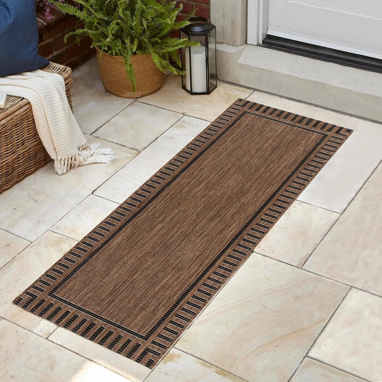 Gertmenian Indoor/Outdoor Flatweave Rug - 2x6 Runner, Stain & UV Resistant, Quick-Drying, Ideal for Deck, Patio, Poolside, Mudroom - Klano Striped Havana, Black, 28000