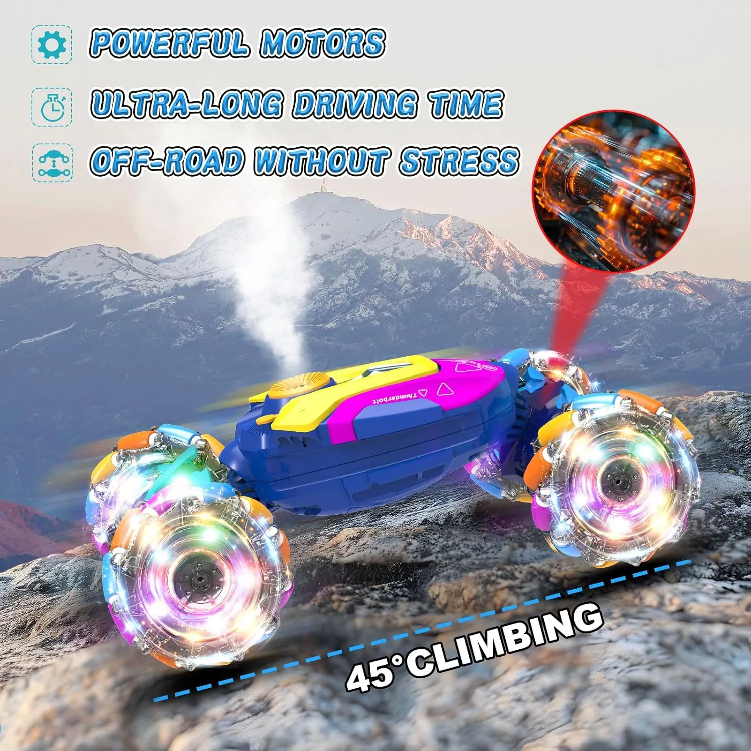 Gesture Sensing RC Stunt Car for Boys, 2.4Ghz Remote Control Twist Cars Toys for 6-12 yr Boys&Girls - 360° Rotating Spray Drift Off Road w/Lights&Music, Best Gifts for Kids, Blue