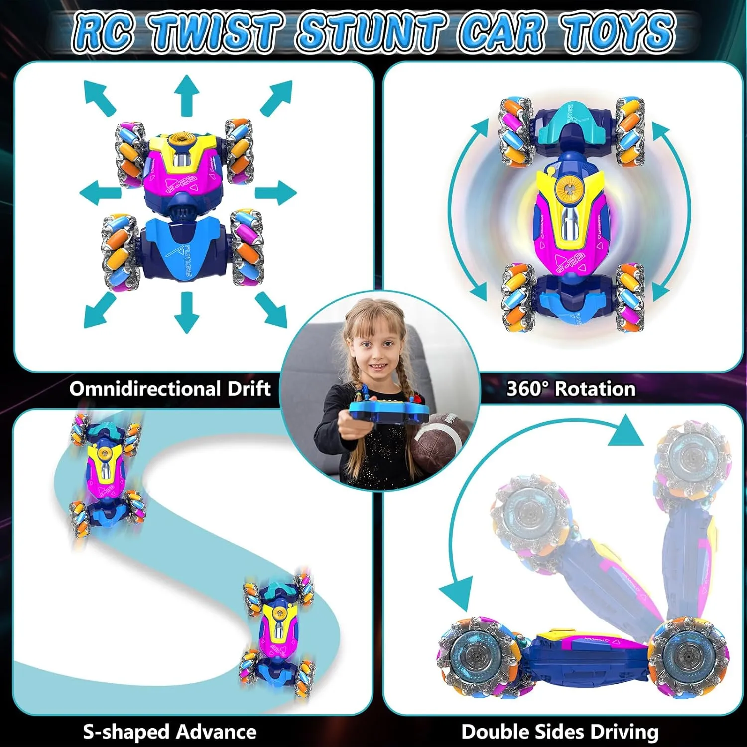 Gesture Sensing RC Stunt Car for Boys, 2.4Ghz Remote Control Twist Cars Toys for 6-12 yr Boys&Girls - 360° Rotating Spray Drift Off Road w/Lights&Music, Best Gifts for Kids, Blue