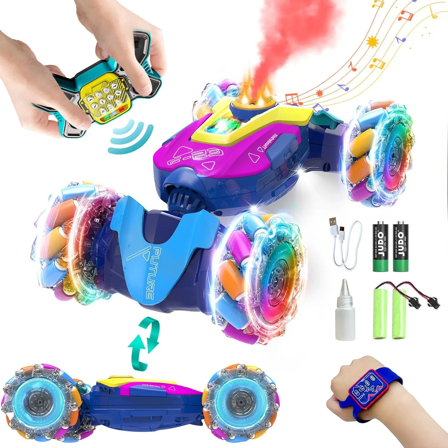 Gesture Sensing RC Stunt Car for Boys, 2.4Ghz Remote Control Twist Cars Toys for 6-12 yr Boys&Girls - 360° Rotating Spray Drift Off Road w/Lights&Music, Best Gifts for Kids, Blue