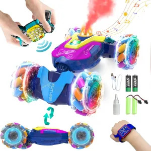 Gesture Sensing RC Stunt Car for Boys, 2.4Ghz Remote Control Twist Cars Toys for 6-12 yr Boys&Girls - 360° Rotating Spray Drift Off Road w/Lights&Music, Best Gifts for Kids, Blue