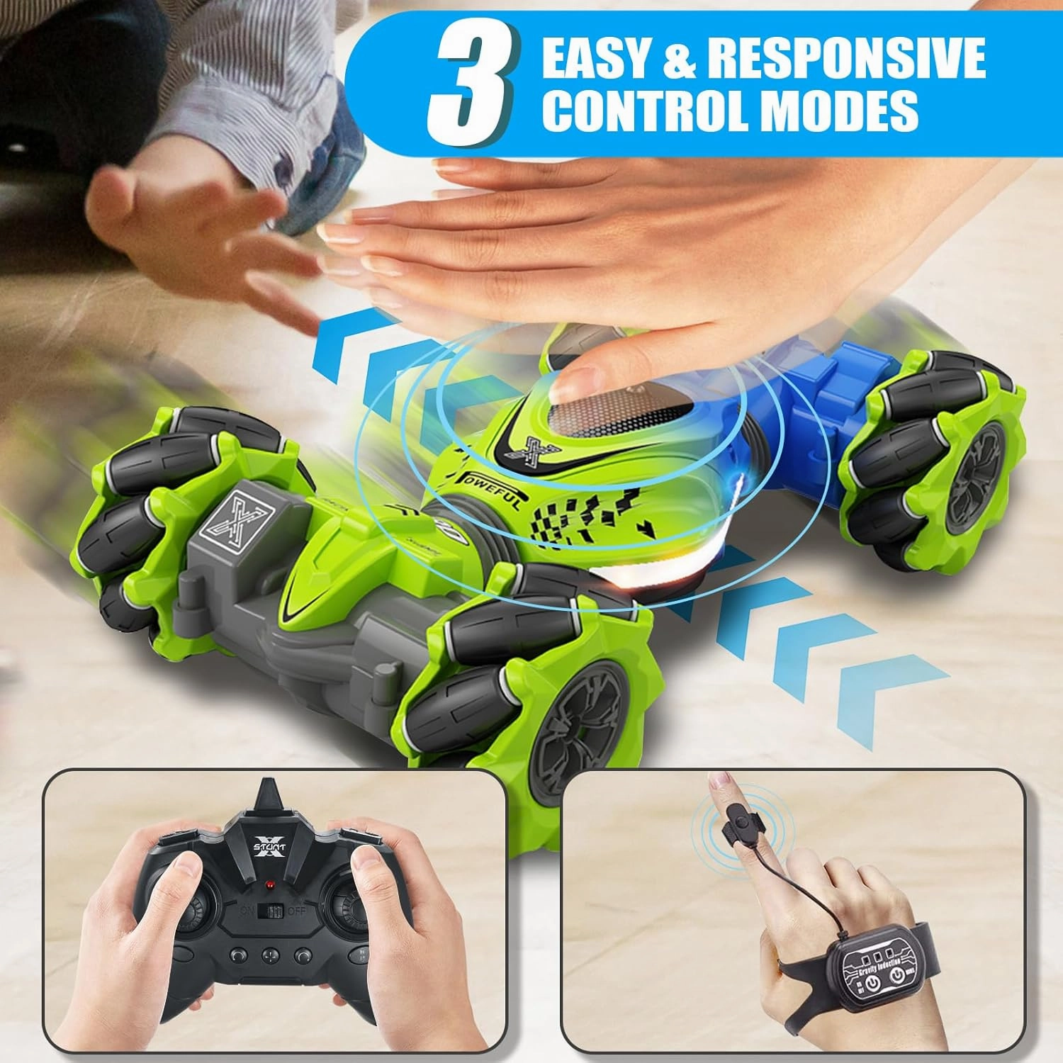 Gesture RC Car, 4WD High Speed Drift Stunt Car, 2.4Ghz Remote Control Cars Gesture Sensor, 360° Rotating Twist Offroad Cars w/Music Lights, Age 6-12 Boys Girls Birthday Xams Gifts, Green-Blue