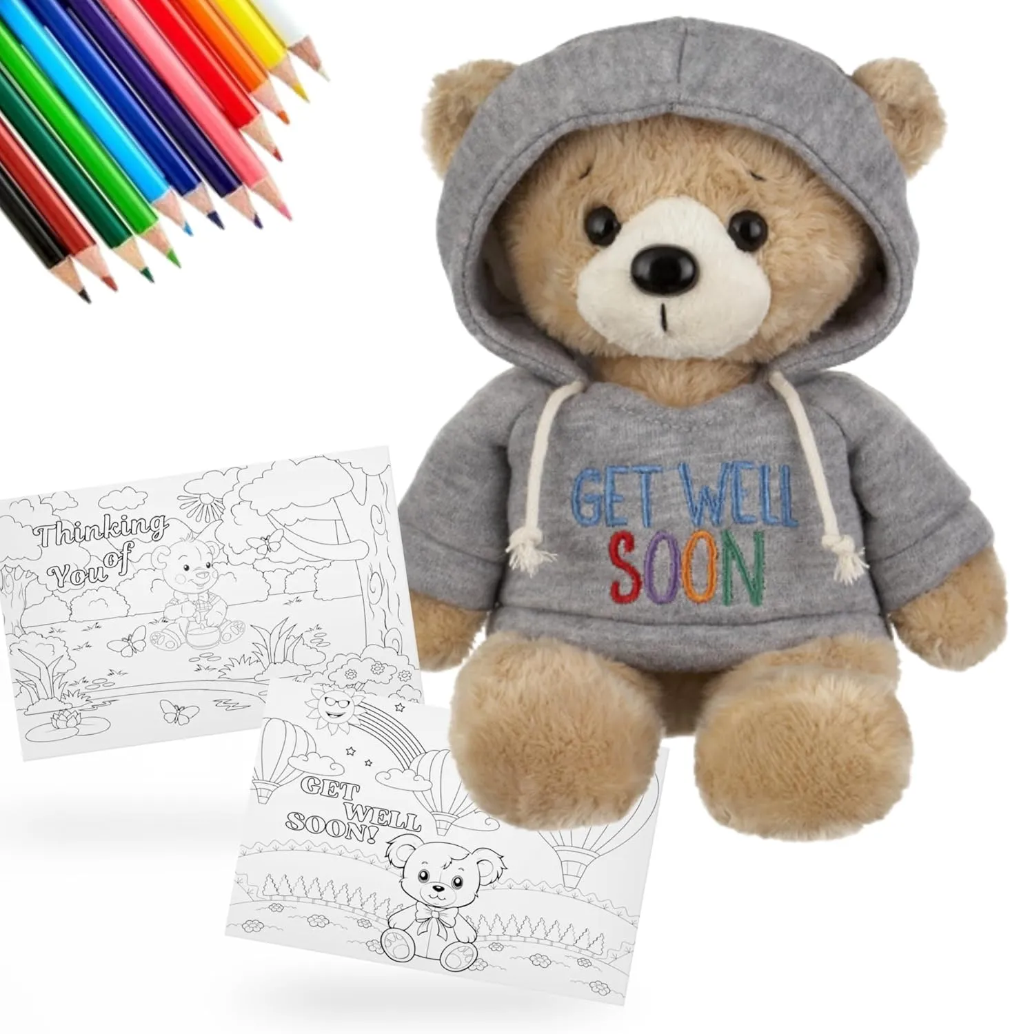 Get Well Teddy Bear Gift Set, Stuffed Animal with Hoodie, Coloring Cards and Pencils, Organza Bag
