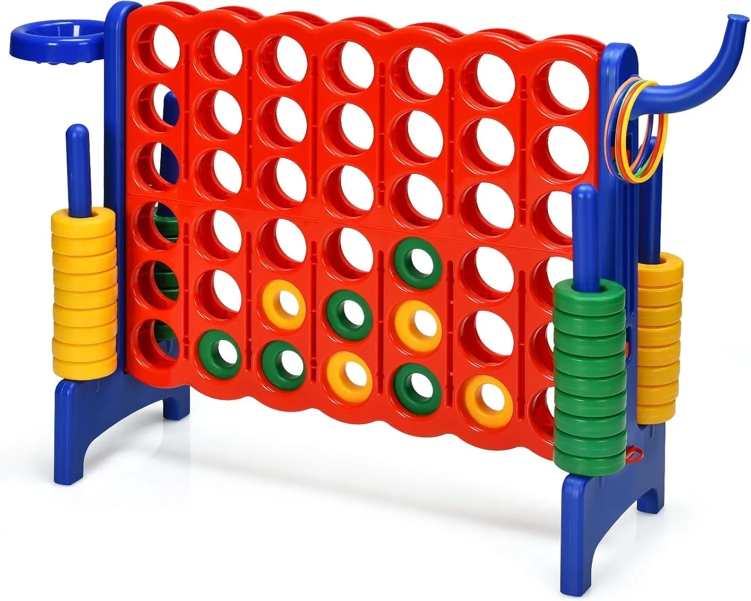 Giant 4-in-A-Row Game Set, Jumbo 4-to-Score Playset w/Basketball Hoop Ring Toss 2 Jumbo Rings Quick-Release Slider, Indoor Outdoor Family Connect Game, Backyard Games, Blue