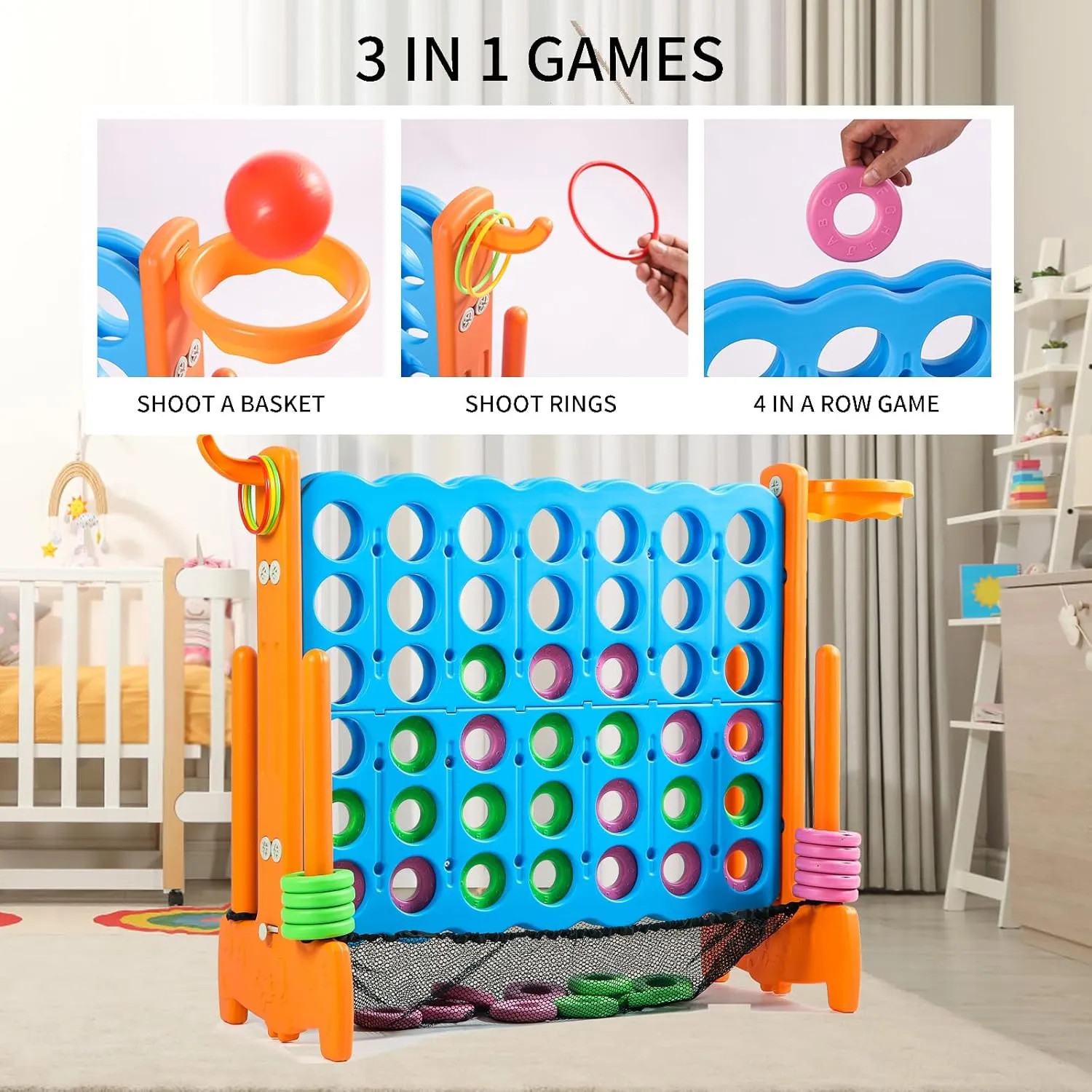 Giant 4 Row Game with Carrying Bag and Mesh Fabric .Giant 4-to-Score Game Set Suitable for Indoor and Outdoor Holiday Parties and Family Gatherings.（Orange）