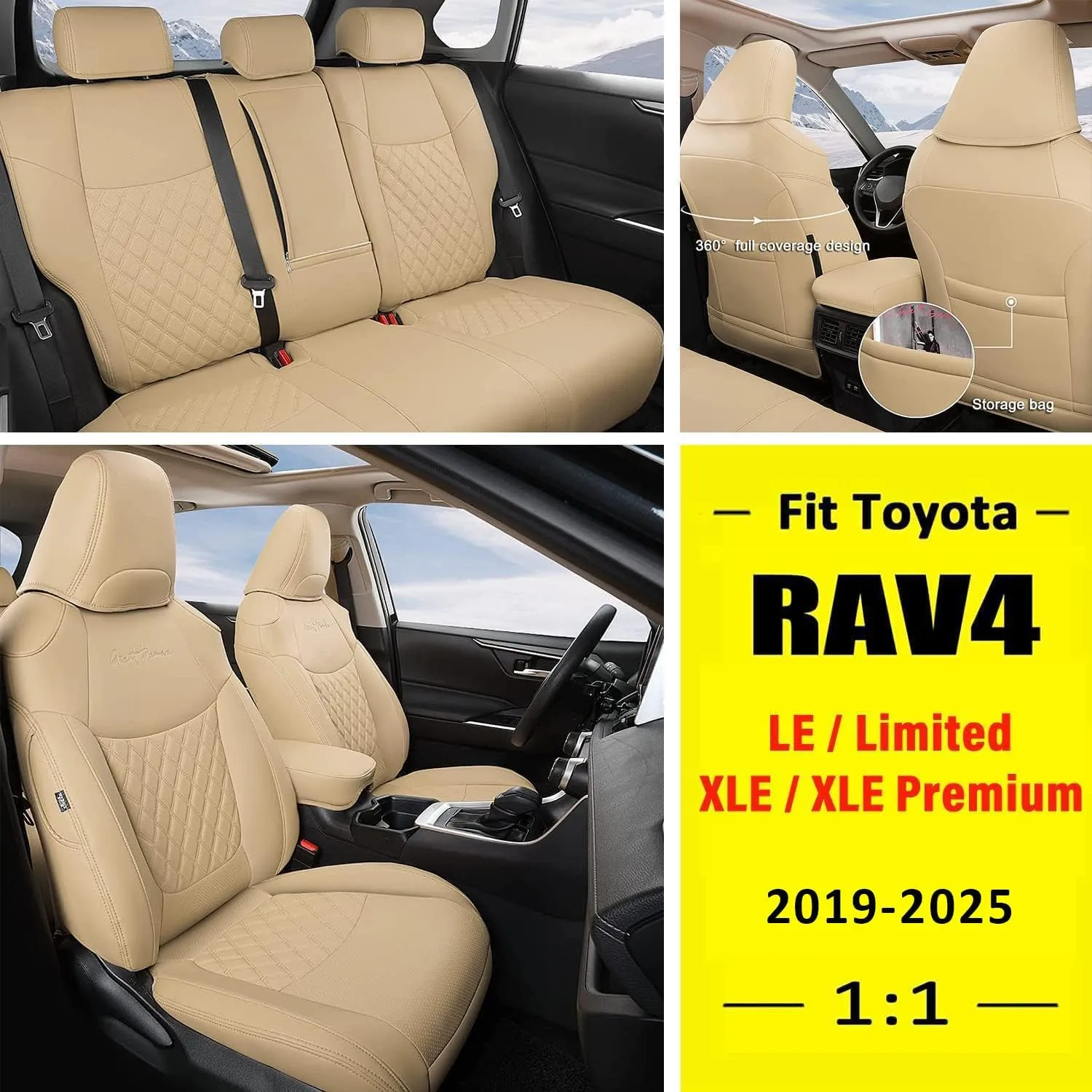 GIANT PANDA Pu Leather Car Seat Covers Full Set Custom Fit for 2019 2020 2021 2022 2023 2024 2024 Toyota RAV4 LE, XLE, XLE Premium, Limited -(Non-Hybrid & Adventure,TRD-Off - Beige)
