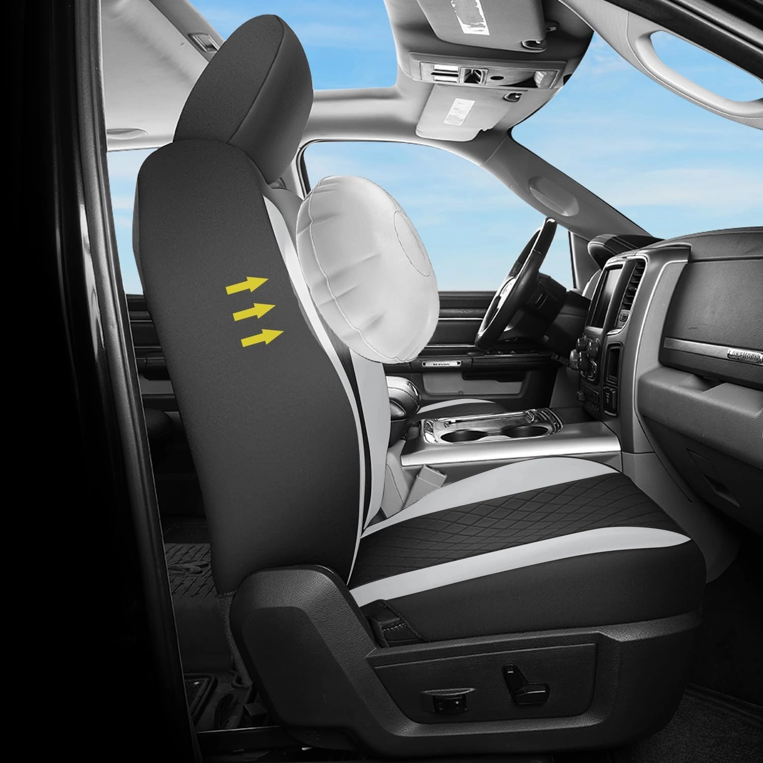 GIANT PANDA 2-Pack Front Car Seat Cover for Ram, Leather Bucket Seat Covers Custom Fit Dodge Ram 1500 2500 3500 Trucks,Luxury Seat Protectors (Black   Grey/Gray)