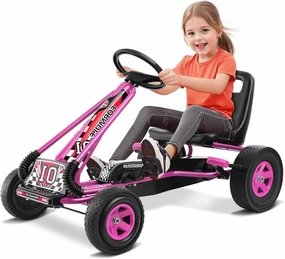 GLACER Go Kart for Kids, 4 Wheel Pedal Car with 2-Position Adjustable Seat & Dual HandBrakes, EVA Rubber Tires, Outdoor Kids Pedal Cart Racer, Pedal Powered Kids Car Ride on Toy for Boys Girls (Pink)