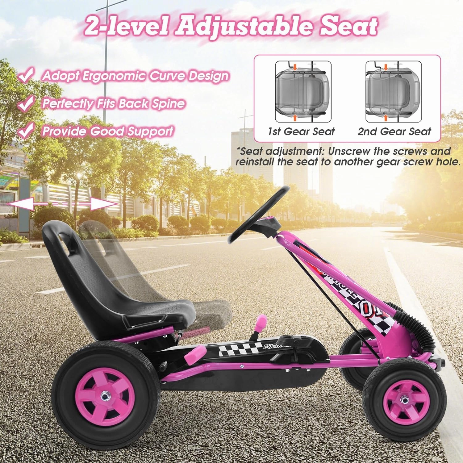 GLACER Go Kart for Kids, 4 Wheel Pedal Car with 2-Position Adjustable Seat & Dual HandBrakes, EVA Rubber Tires, Outdoor Kids Pedal Cart Racer, Pedal Powered Kids Car Ride on Toy for Boys Girls (Pink)