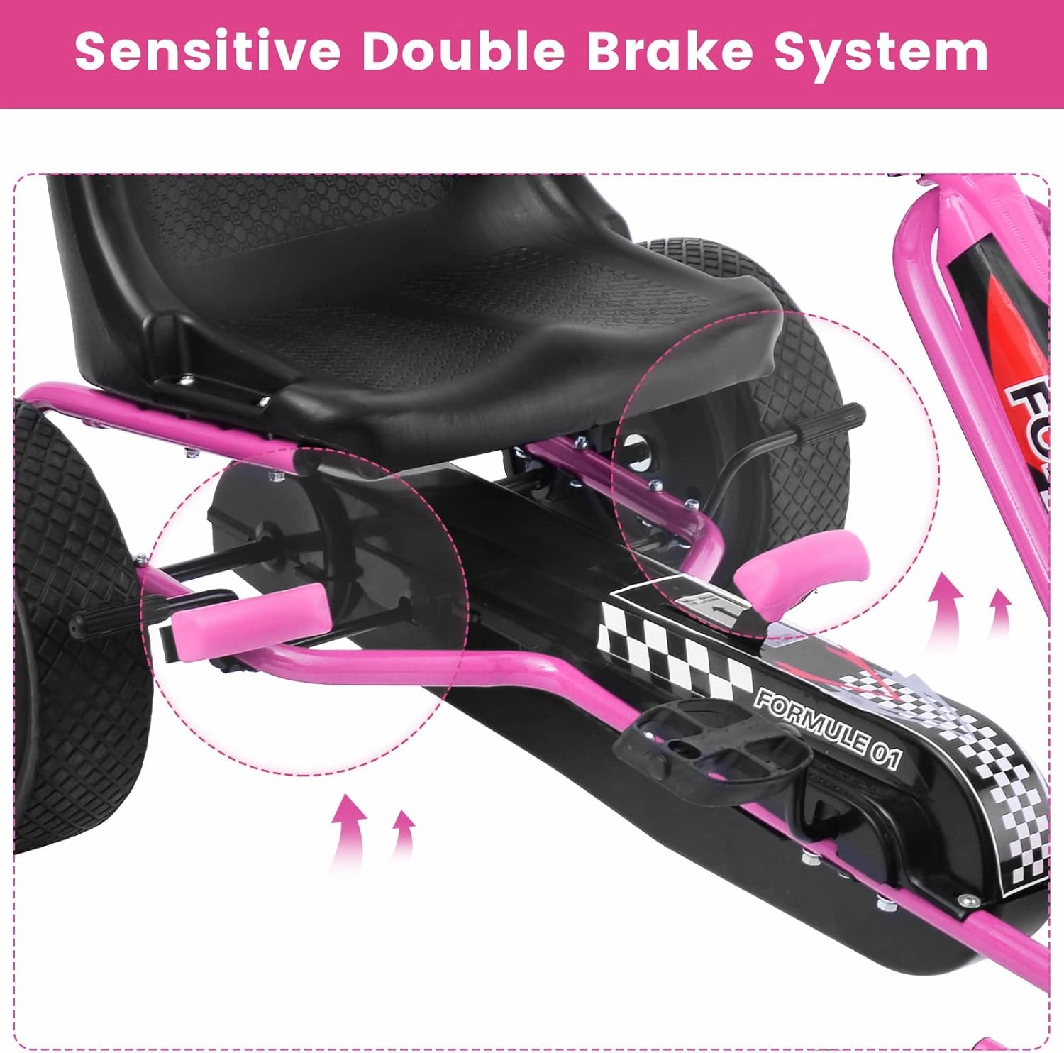 GLACER Go Kart for Kids, 4 Wheel Pedal Car with 2-Position Adjustable Seat & Dual HandBrakes, EVA Rubber Tires, Outdoor Kids Pedal Cart Racer, Pedal Powered Kids Car Ride on Toy for Boys Girls (Pink)
