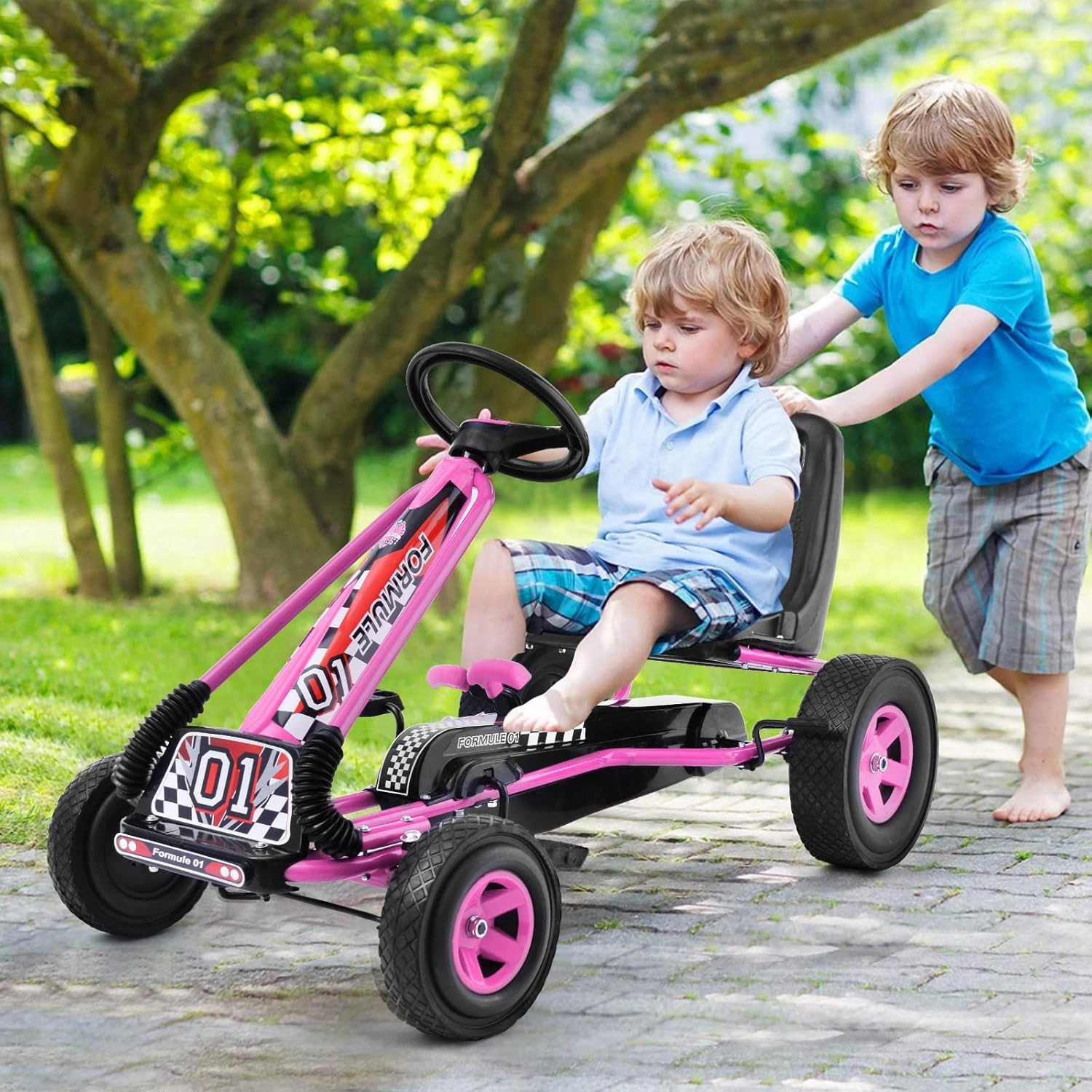 GLACER Go Kart for Kids, 4 Wheel Pedal Car with 2-Position Adjustable Seat & Dual HandBrakes, EVA Rubber Tires, Outdoor Kids Pedal Cart Racer, Pedal Powered Kids Car Ride on Toy for Boys Girls (Pink)