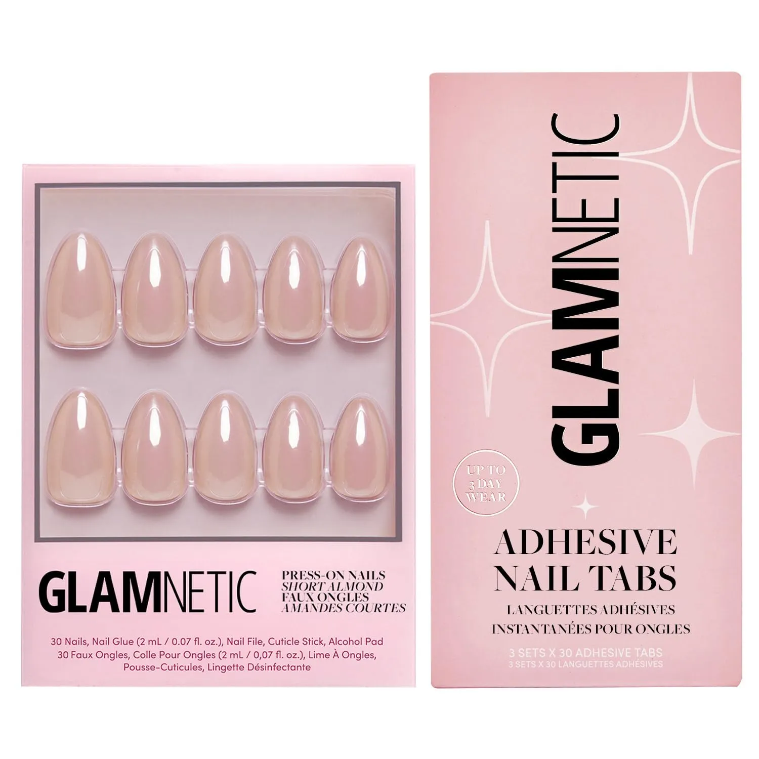 Glamnetic Press-On Nails & Adhesive Nail Tabs - Los Angeles | Blush Nude Pink Short Almond Nails in Glazed Finish | 15 Sizes - 30 Nail Kit with Adhesive Tabs