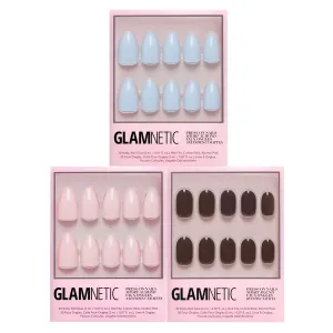 Glamnetic Press-On Nails Bundle - Ballet Pink, Bark Brown & Blueberry Milk | Opaque Light Blush Pink Short Almond False Nails | Dark Brown Short Round Fake Nails | Light Blue Short Almond Nails