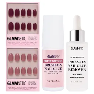 Glamnetic Press-On Nails Bundle - Fall Mauve, Berry Maroon, Super Strong Brush-On Glue & Nail Remover | Opaque Muted Blush Mauve Short Oval False Nails, Reusable | Opaque Dark Red Maroon Short Round F