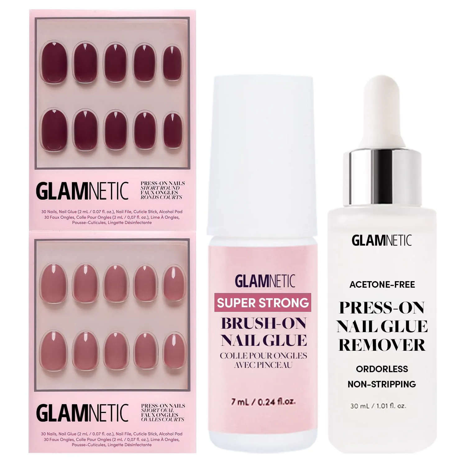 Glamnetic Press-On Nails Bundle - Fall Mauve, Berry Maroon, Super Strong Brush-On Glue & Nail Remover | Opaque Muted Blush Mauve Short Oval False Nails, Reusable | Opaque Dark Red Maroon Short Round F