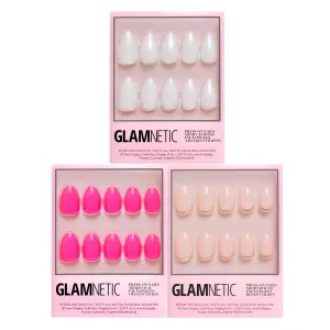 Glamnetic Press-On Nails Bundle - Hot Pink, Goal Digger & Hailey | Neon Pink Short Oval Fake Nails | Natural Short Round False Nails with Gold Foil | Glazed Short Almond False Nails