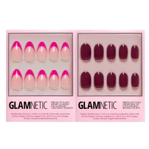 Glamnetic Press-On Nails Bundle - Raspberry Sorbet & Berry Maroon | Semi-Transparent Magenta Pink French Tip Short Almond False Nails | Dark Red Short Round Fake Nails | Reusable, Salon-Quality Nail K