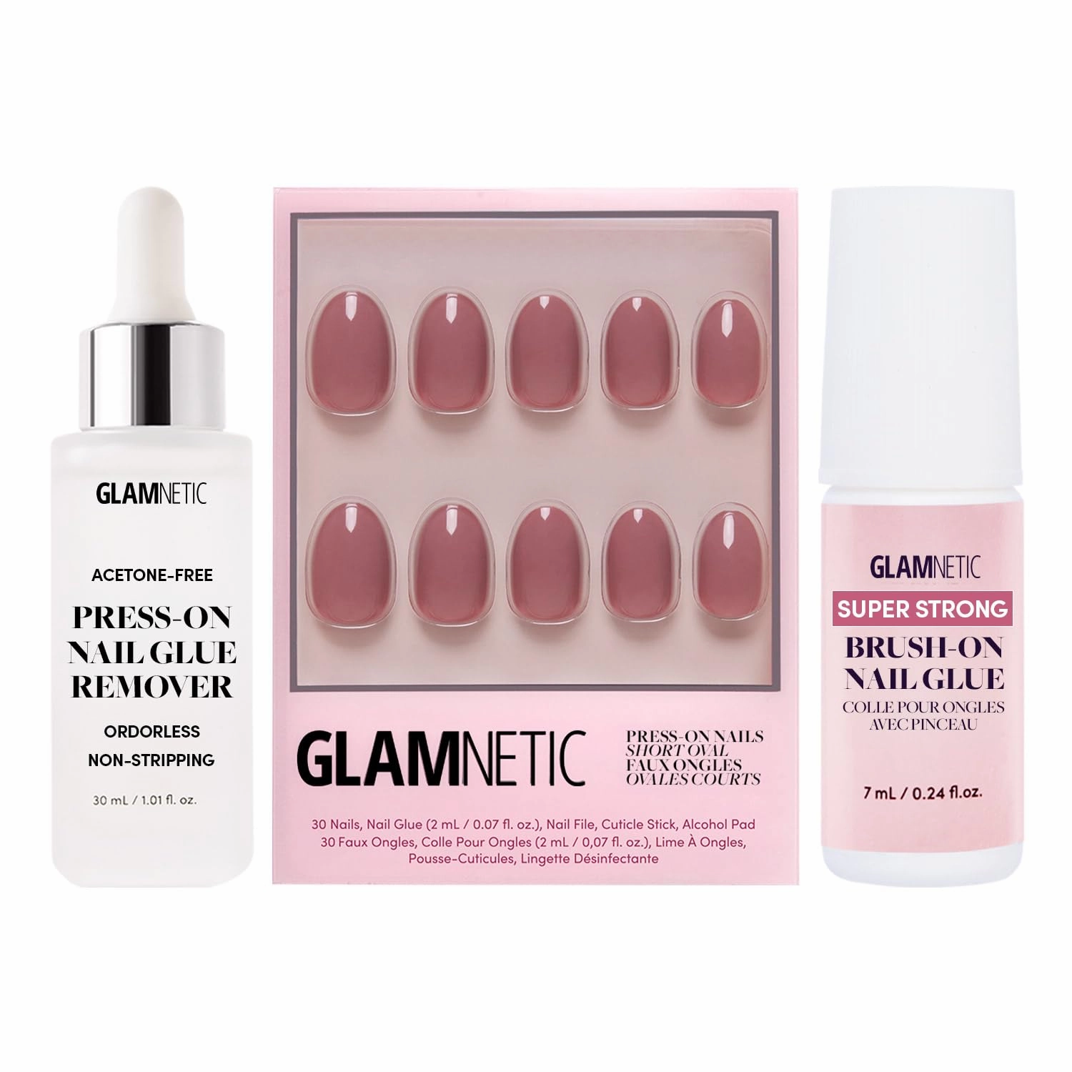 Glamnetic Press-On Nails - Fall Mauve | Super Strong Brush On Nail Glue & Press-On Nail Remover | Opaque Muted Blush Mauve Short Oval False Nails, Reusable
